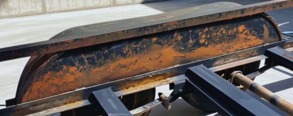 Inside of a flatbed trailer fender covered in rust and peeling paint, before laser cleaning